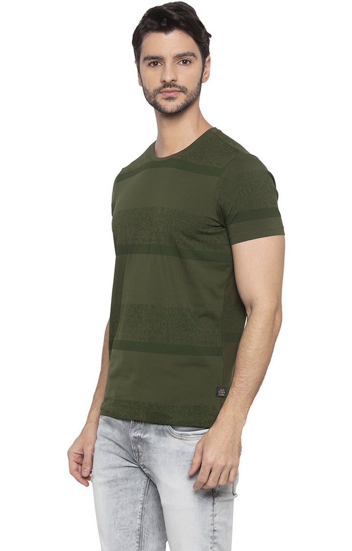 Spykar Men Olive Striped T-Shirt