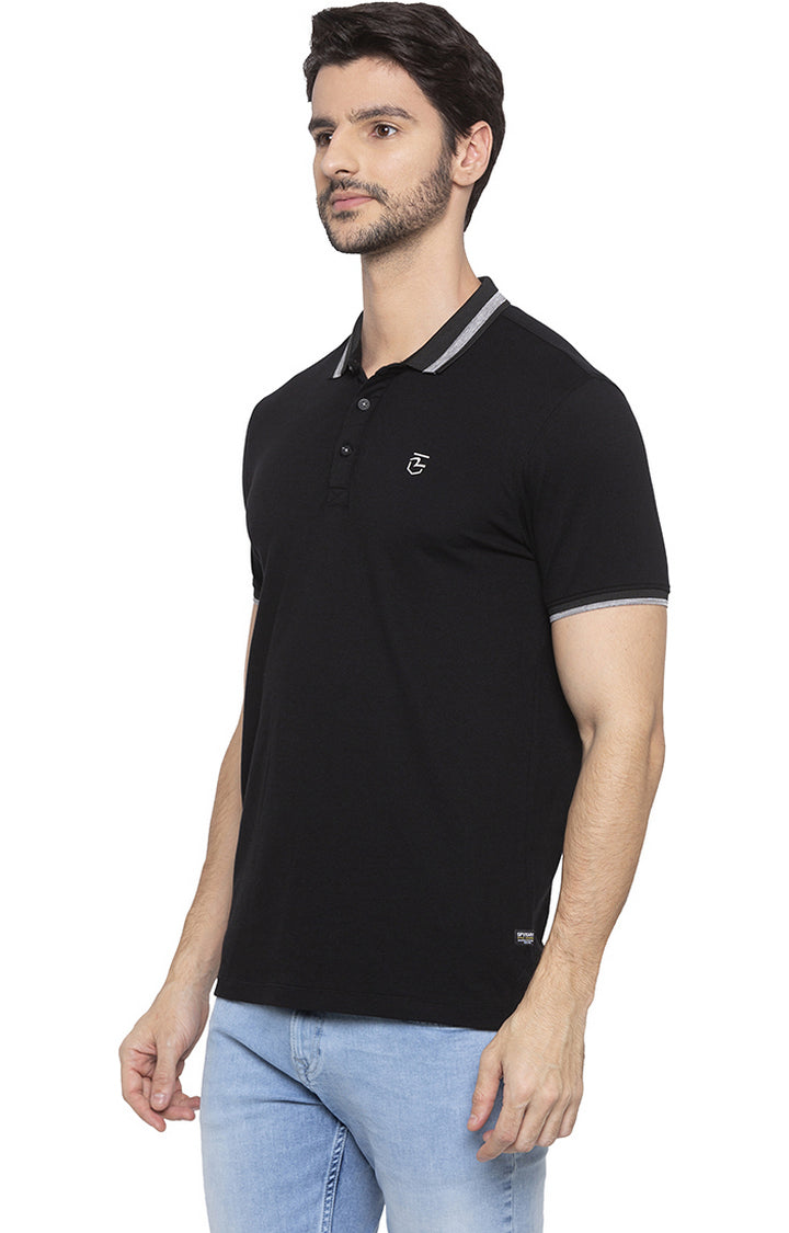 Spykar Men Black Cotton Slim Fit Polo T-Shirt