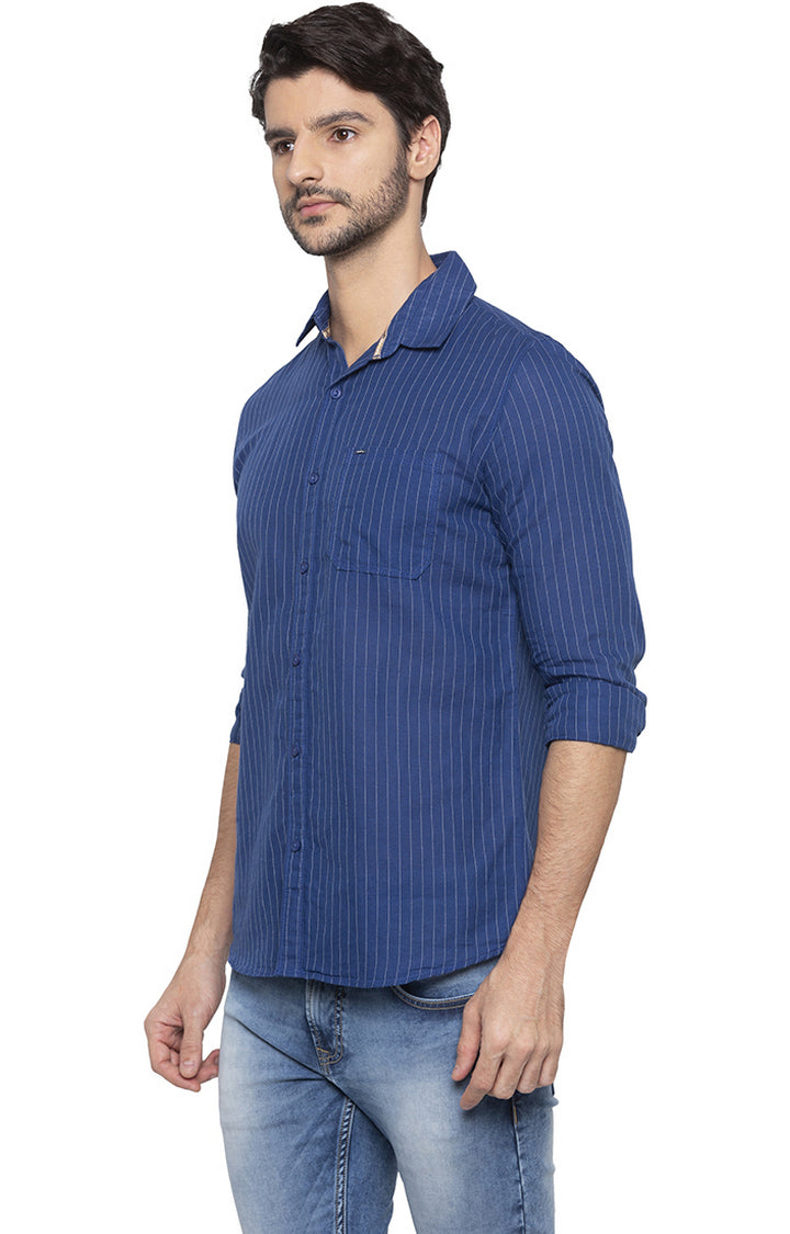 Spykar Men Royal Blue Striped Slim Fit Casual Shirt