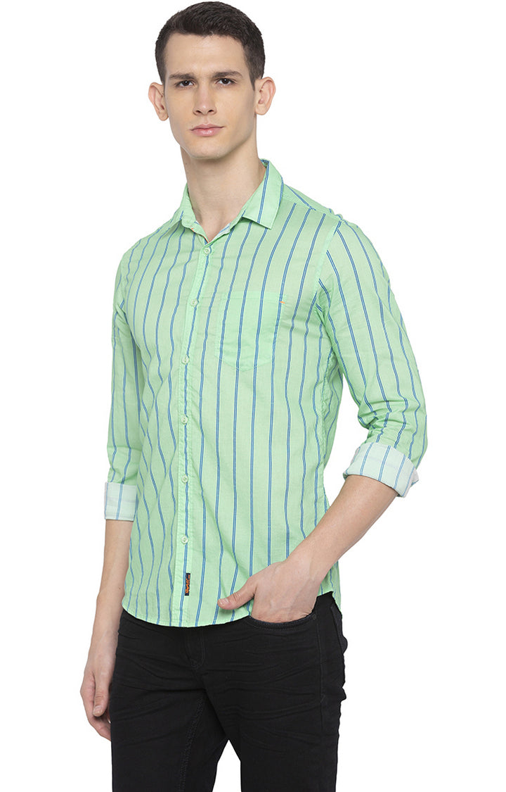 Spykar Men Light Green Striped Slim Fit Casual Shirt