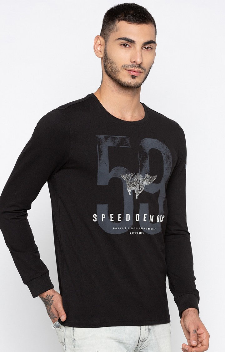 Spykar Black Printed Slim Fit Men T-Shirts