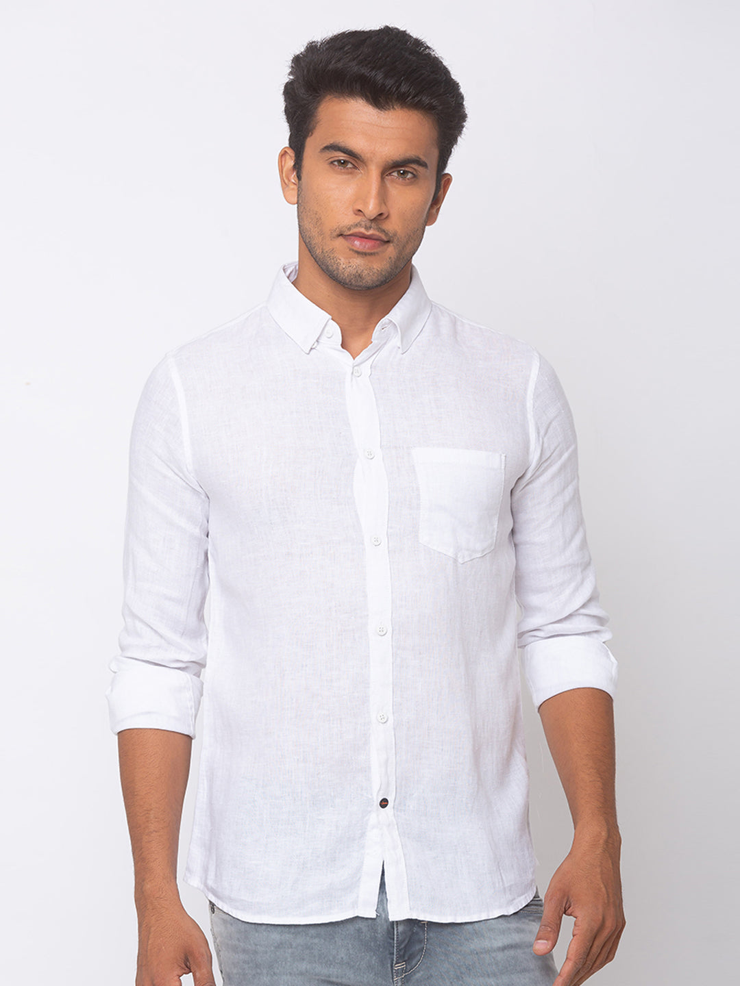 Spykar White Cotton Men Casual Shirts