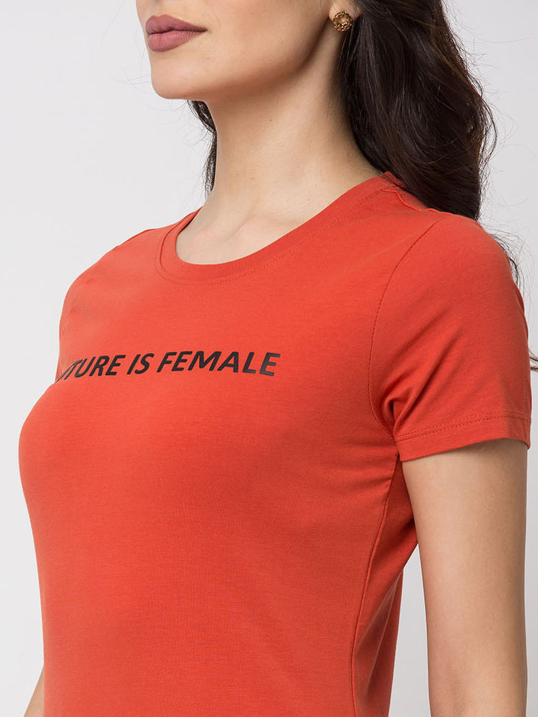 Spykar Women Orange Cotton Slim Fit Round Neck T-Shirts