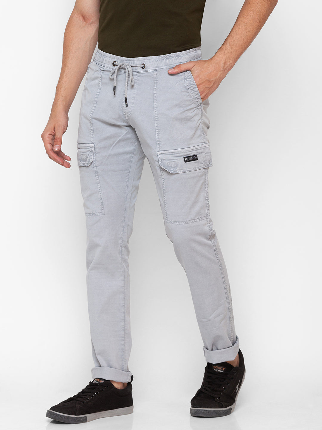 Spykar Silver Grey Cotton Slim Fit Regular Length Trousers For Men