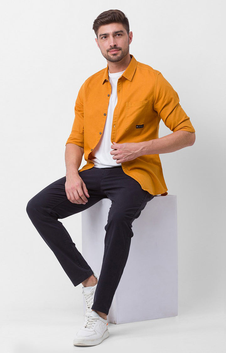 Spykar Mustard Yellow Cotton Full Sleeve Plain Shirt For Men