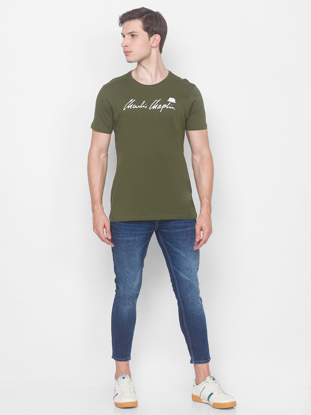 Charlie Chaplin Spykar Men Green Cotton Slim Fit Round Neck T-Shirt