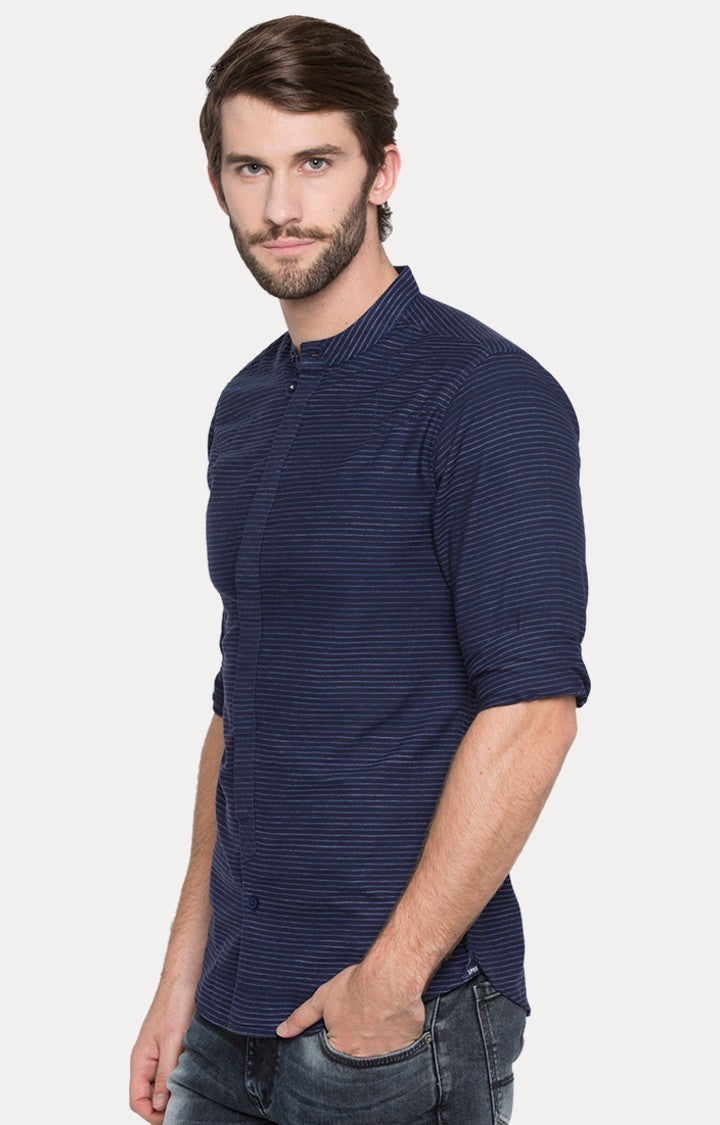 Spykar Men'S Blue Cotton Striped Casual Shirts