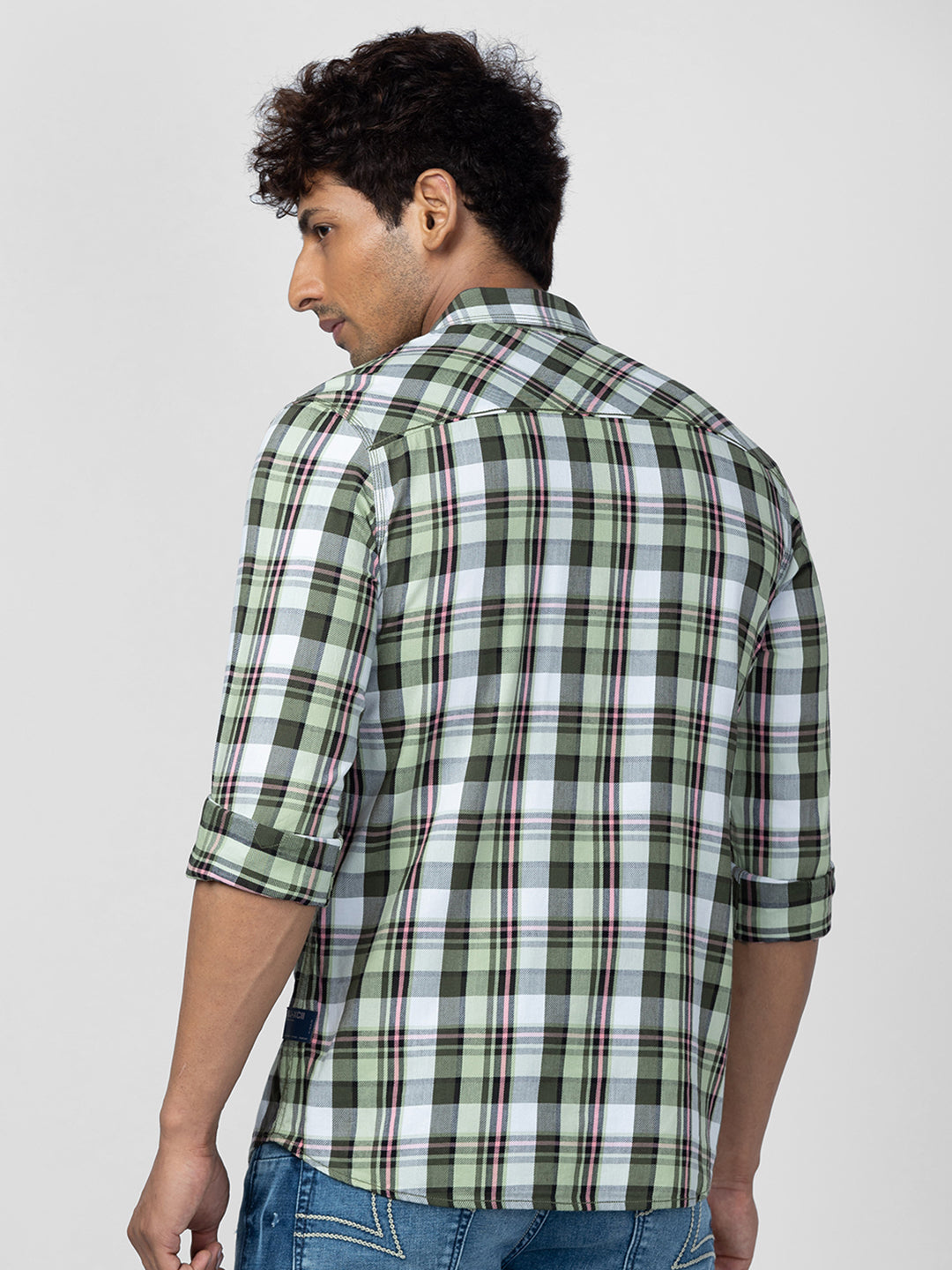 Spykar Men Olive Green Cotton Slim Fit Checkered Shirt