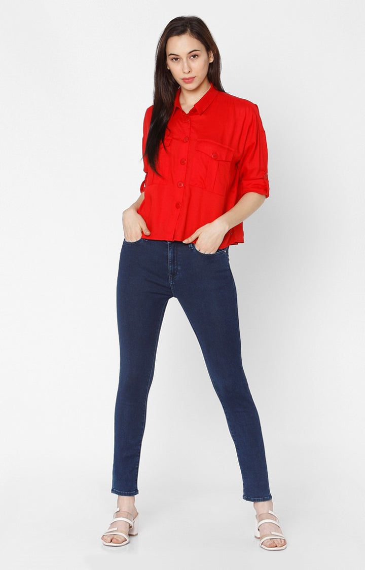 Spykar Slim Fit Red Cotton Women Shirt