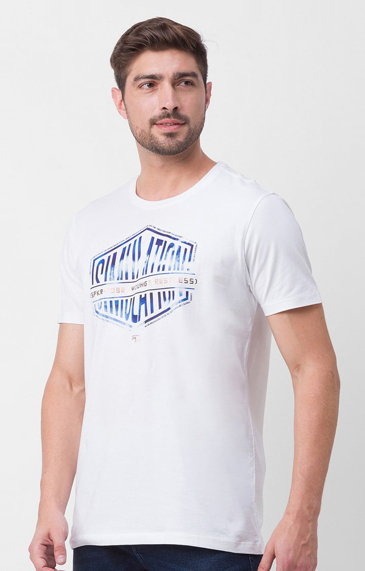 Spykar White Cotton Half Sleeve Printed Casual T-Shirt For Men