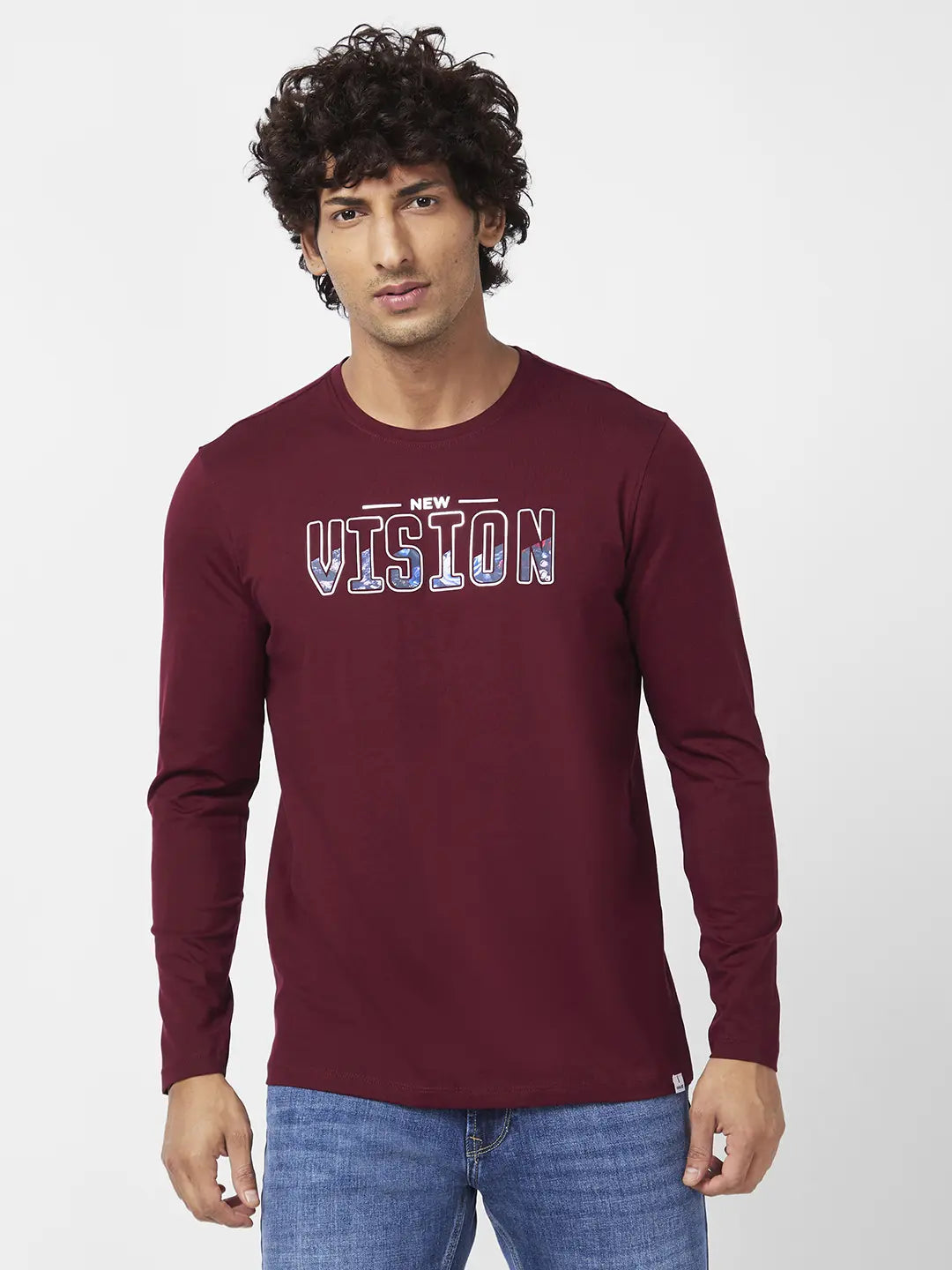 Spykar Men Wine Red Blended Slim Fit Full Sleeve Round Neck Printed Tshirt
