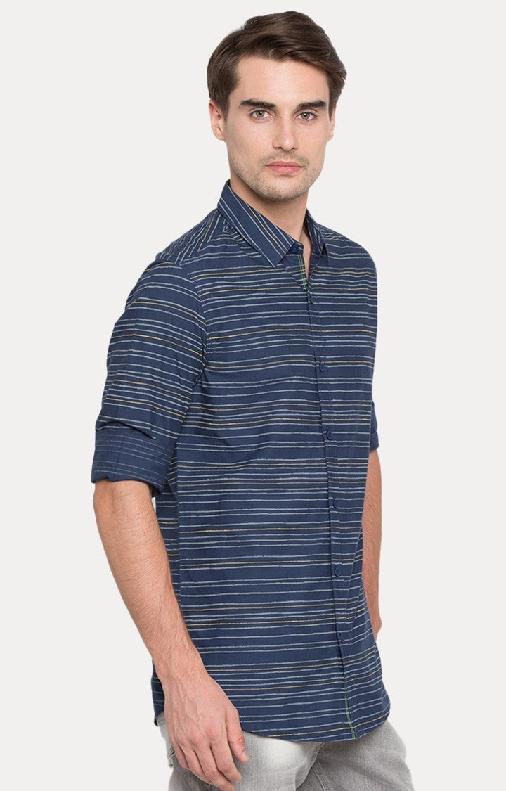 Spykar Men'S Blue Cotton Striped Casual Shirts