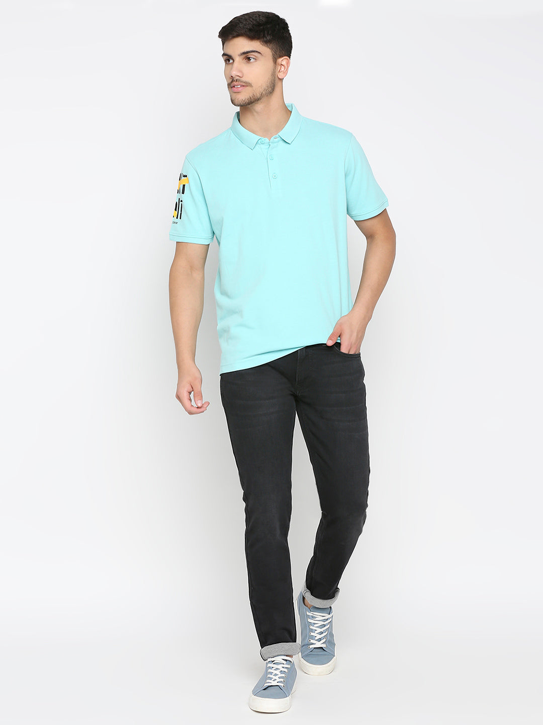 Spykar Bleached Aqua Cotton Half Sleeve Plain Polo T-Shirt For Men