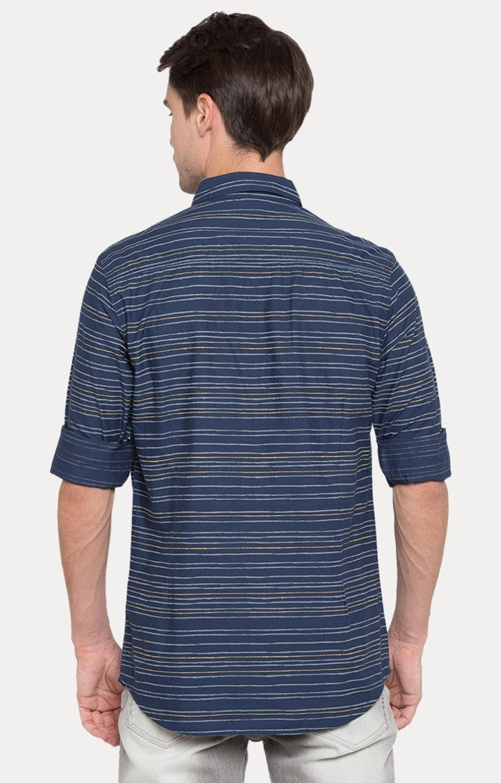 Spykar Men'S Blue Cotton Striped Casual Shirts