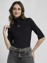 Spykar Women Black Blended Slim Fit 3/4th Sleeve High Neck Plain Crop Tshirt