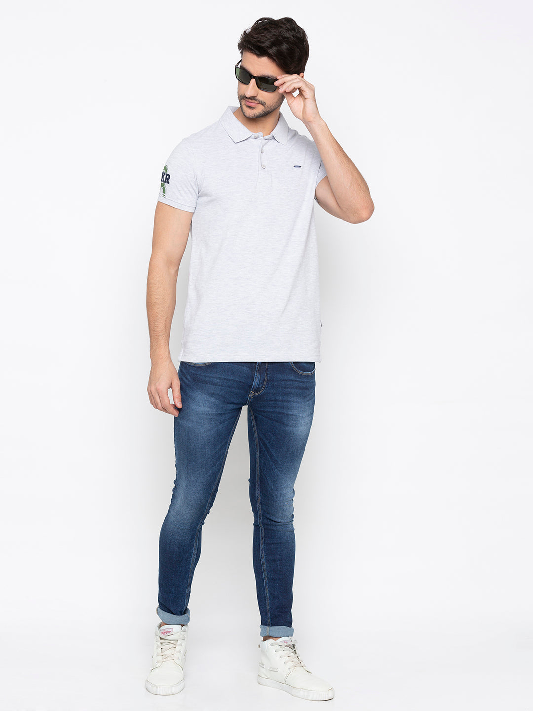 Spykar Men Grey Cotton Slim Fit Polo T-Shirt