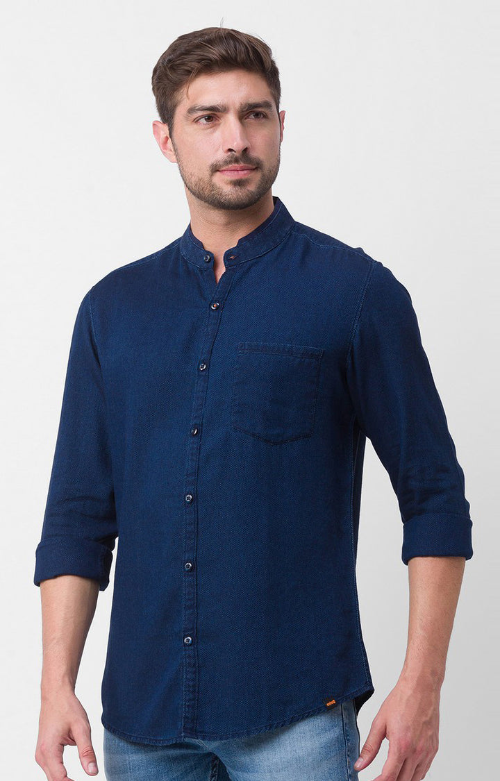 Spykar Dark Blue Cotton Full Sleeve Denim Shirt For Men