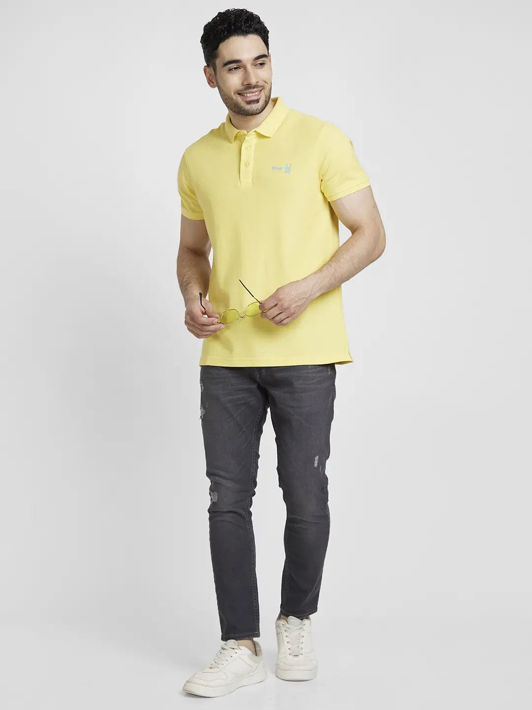 Spykar Men Yellow Cotton Slim Fit Plain Polo Tshirt