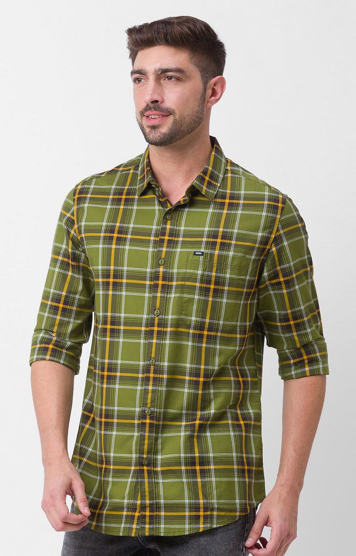 Spykar Olive Green Cotton Full Sleeve Checks Shirt For Men