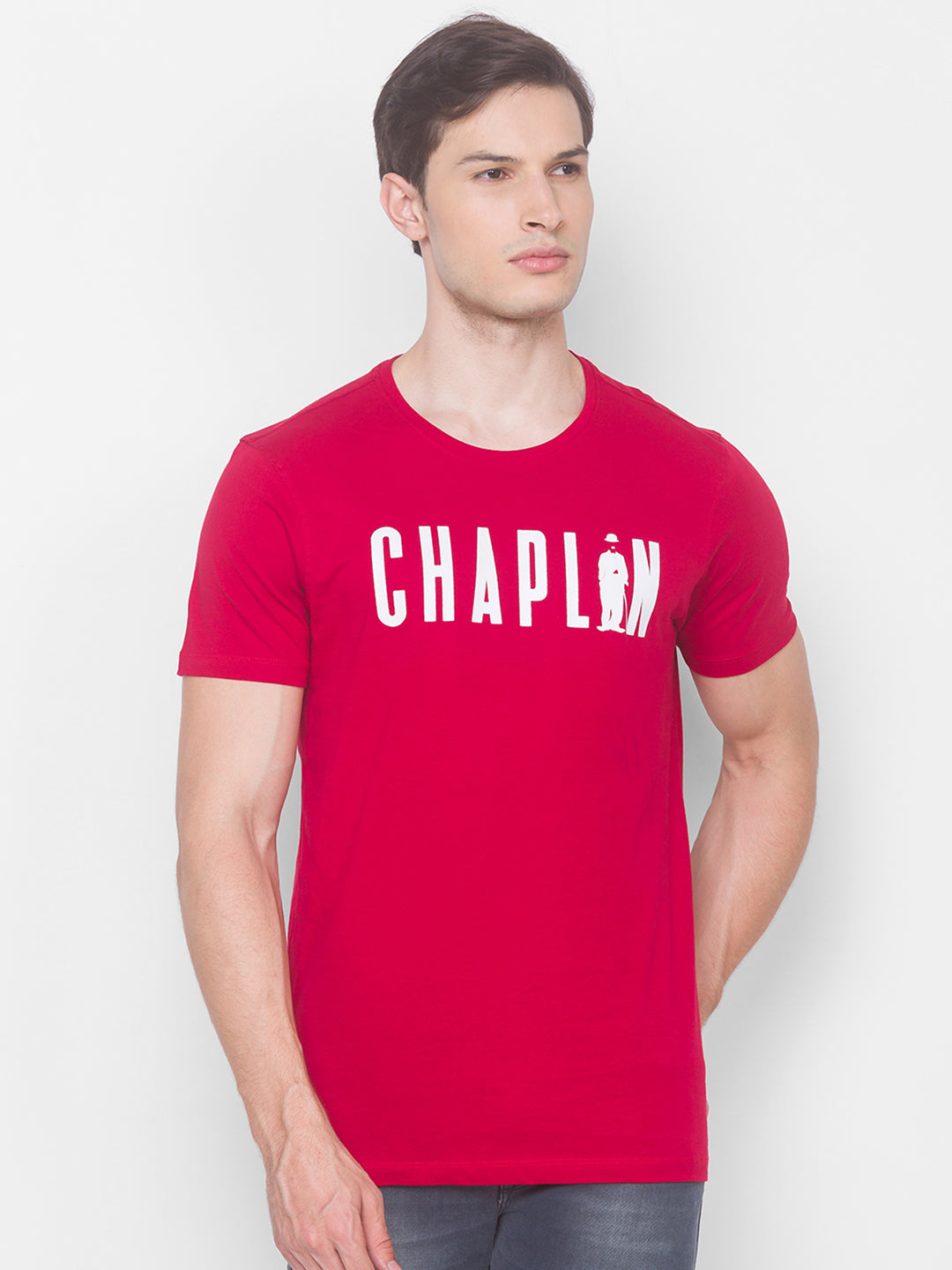 Charlie Chaplin Spykar Men Red Cotton Slim Fit Round Neck T-Shirt