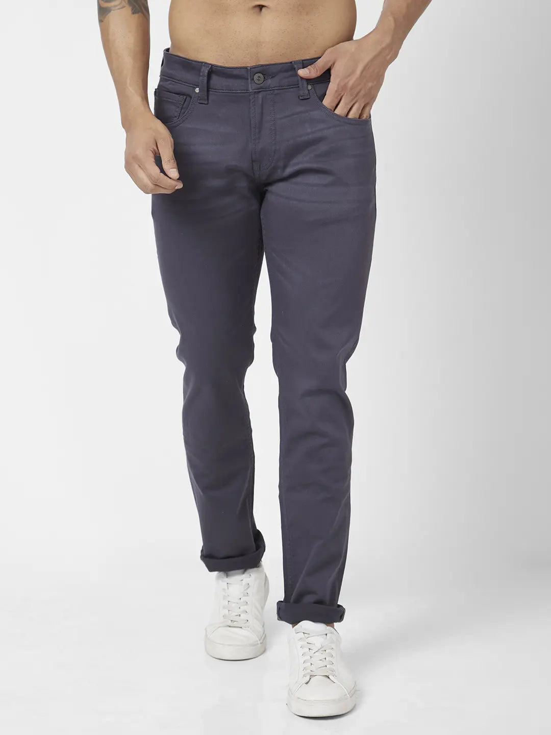 Spykar Men Dark Grey Cotton Stretch Regular Fit Narrow Length Clean Look Mid Rise Jeans (Rover)
