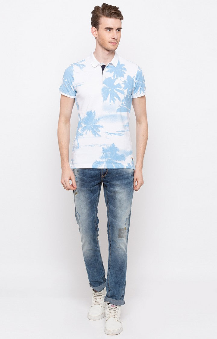 Spykar White Printed Slim Fit Polo T-Shirt