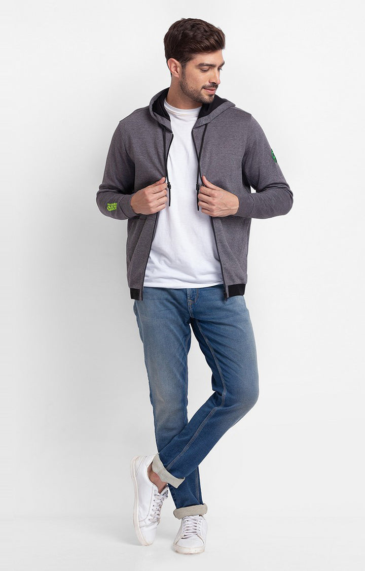 Spykar Anthra Melange Cotton Full Sleeve Hooded Sweatshirt For Men