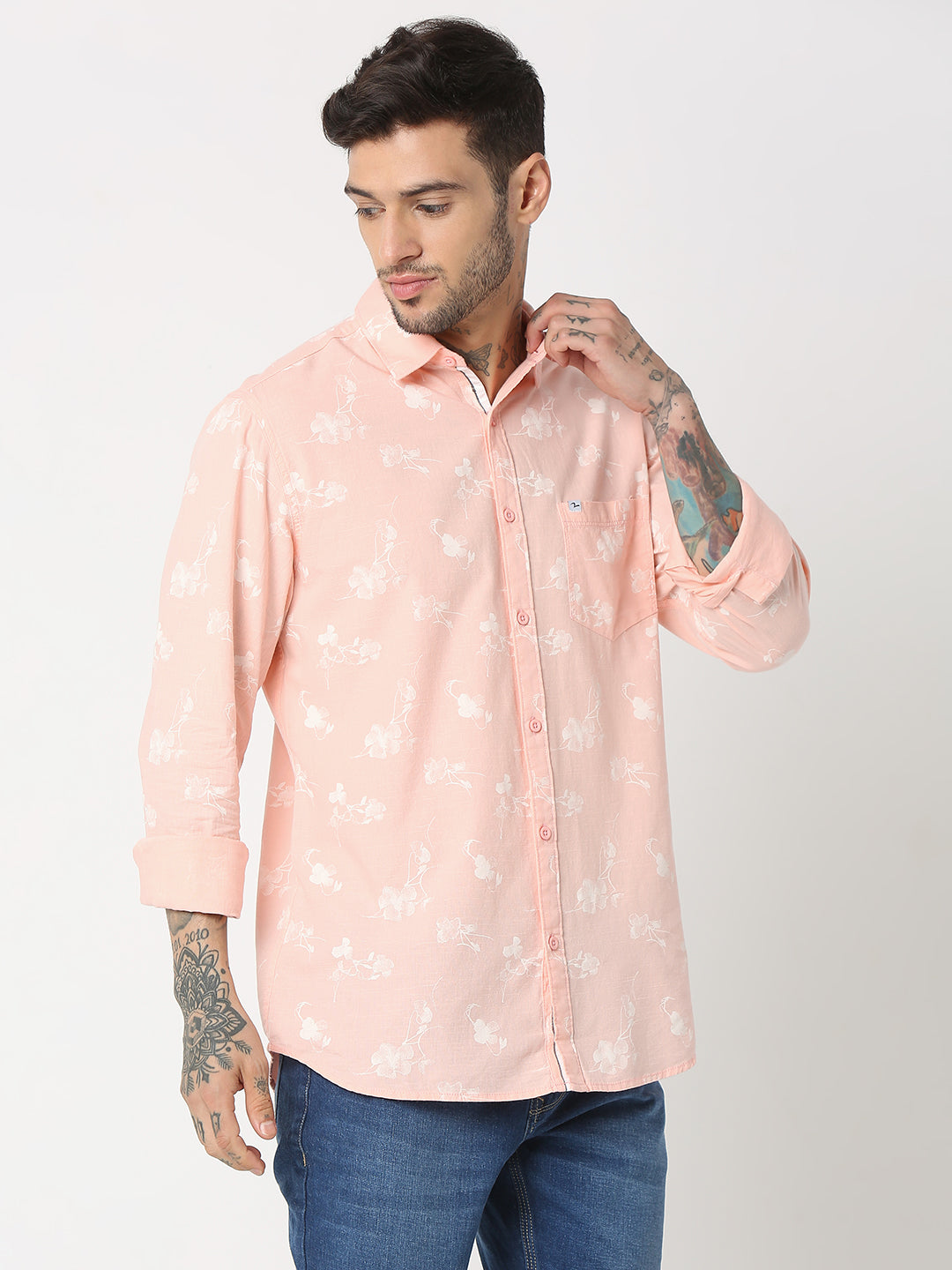 Spykar Men Peach Cotton Slim Fit Printed Shirts