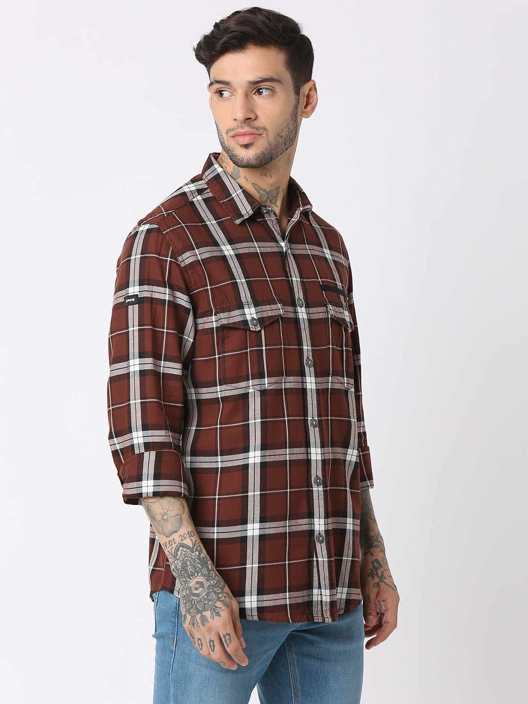 Spykar Men Brown Cotton Regular Fit Checkered Shirts