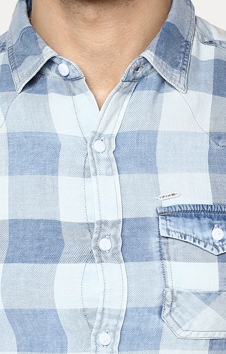 Spykar Men'S Blue Cotton Checked Casual Shirts