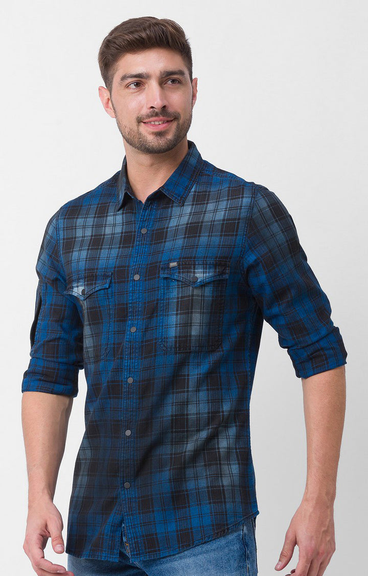 Spykar Indigo Blue Cotton Full Sleeve Checks Shirt For Men