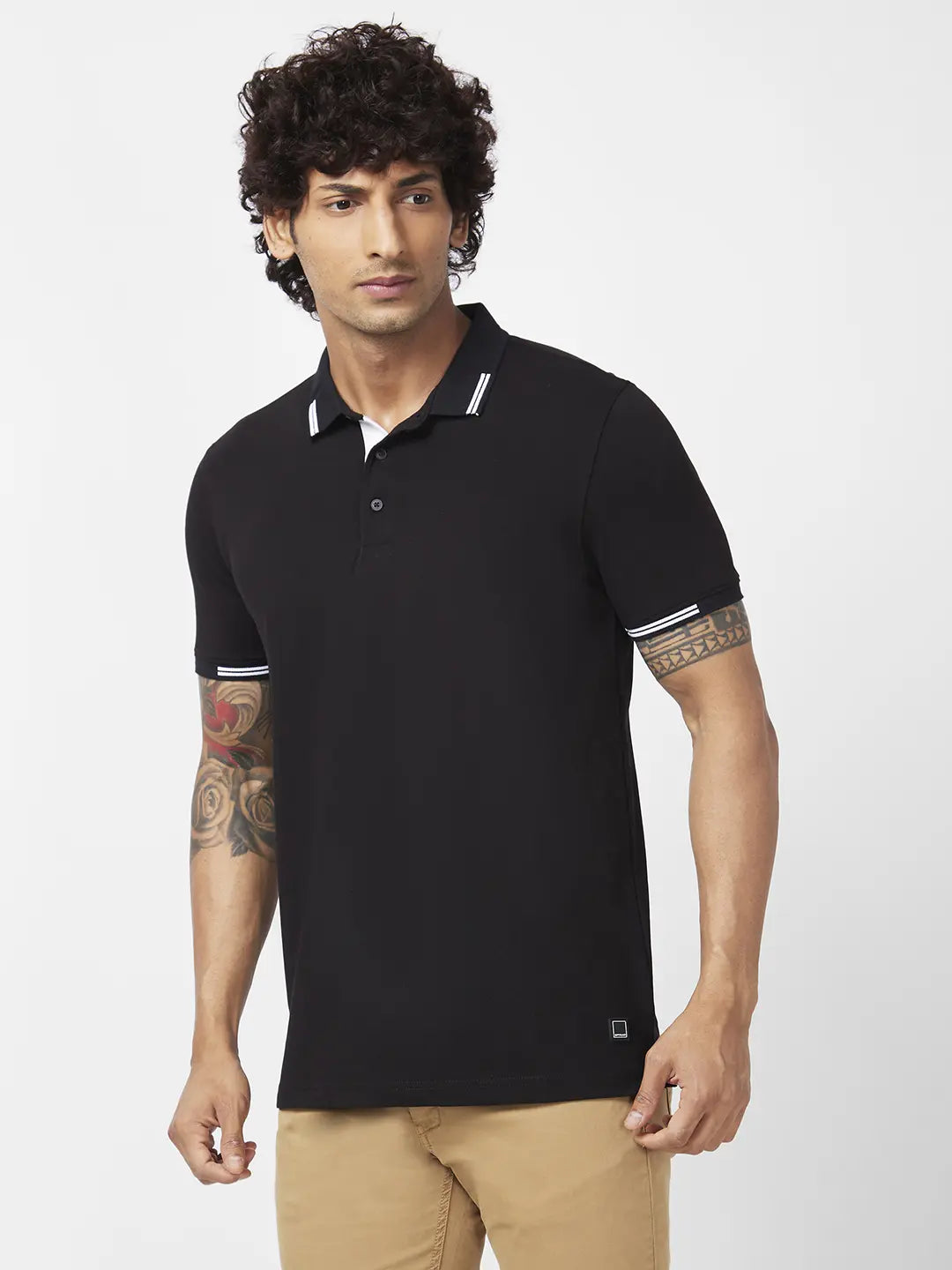 Spykar Men Black Blended Slim Fit Half Sleeve Polo Neck Plain Tshirt