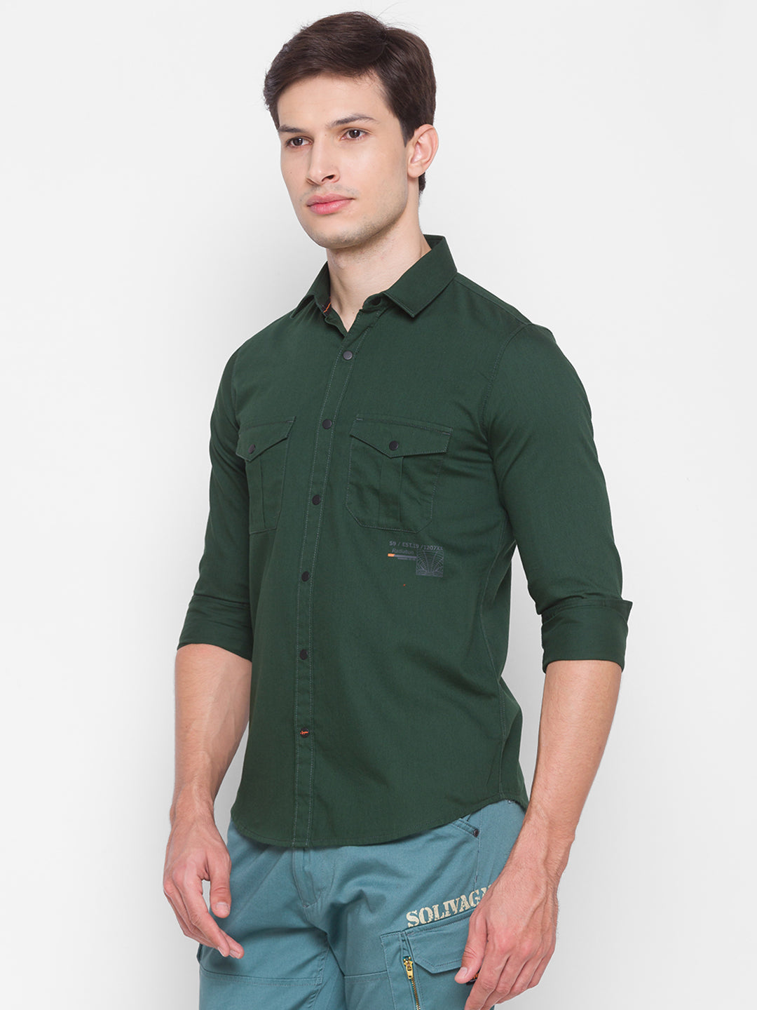 Spykar Slim Fit Green Cotton Men Shirt