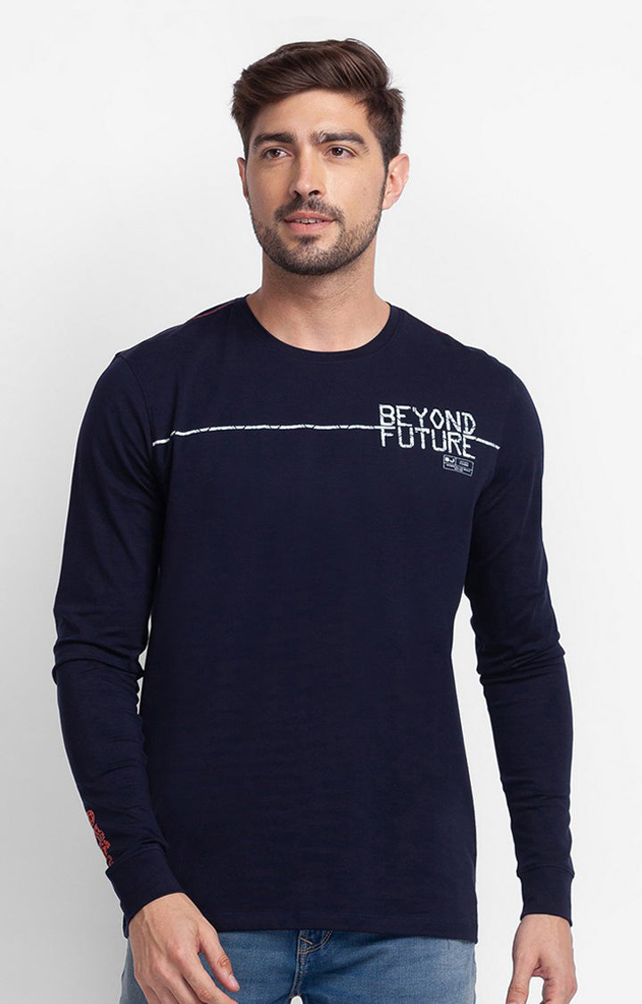 Spykar Navy Blue Cotton Full Sleeve Printed Casual T-Shirt For Men