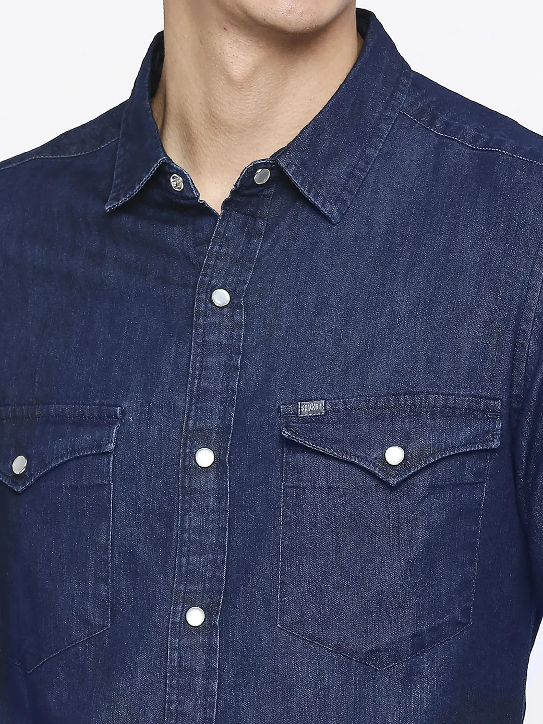 Spykar Men Mid Blue Cotton Slim Fit Denim Shirt