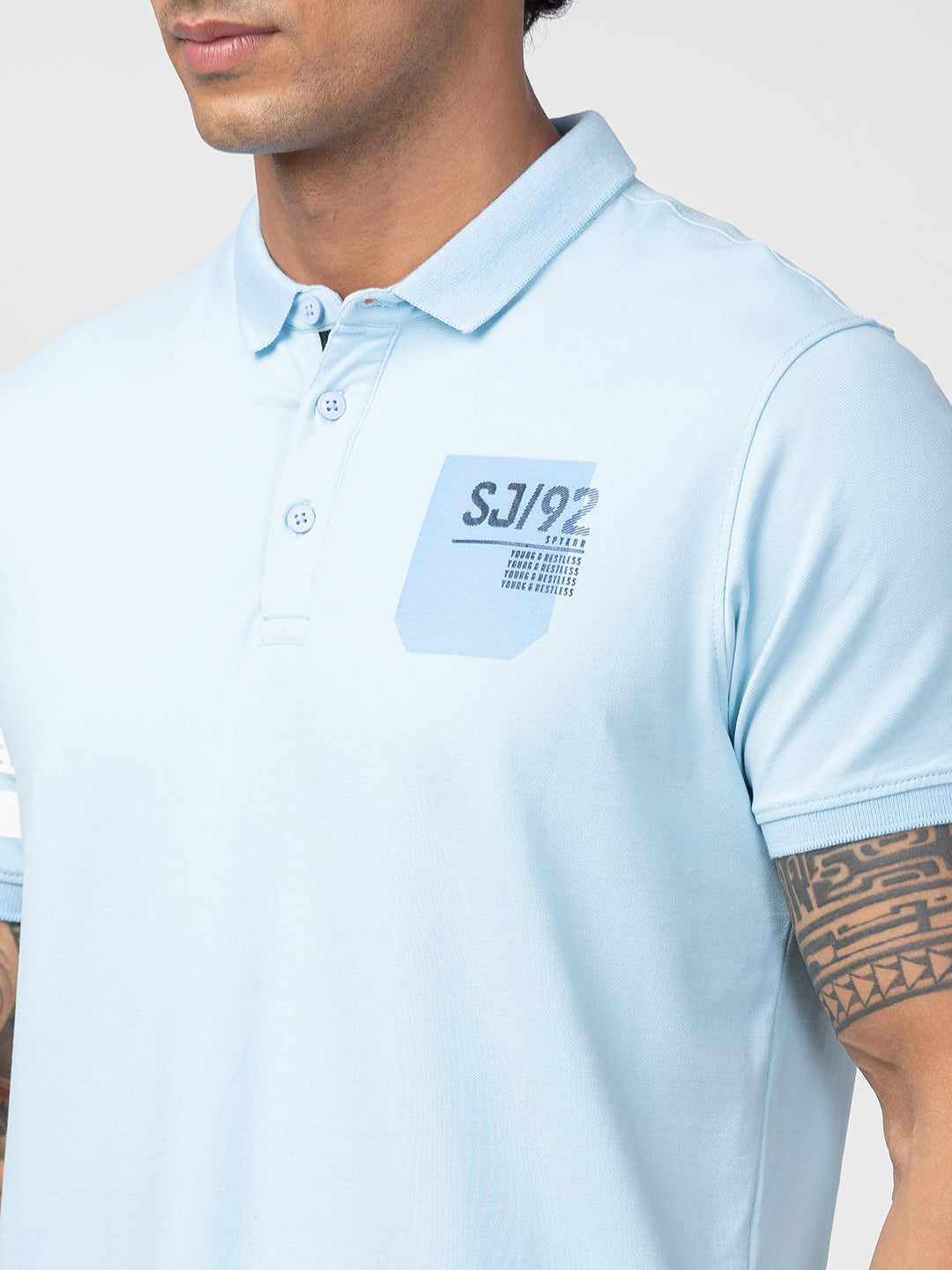 Spykar Men Powder Blue Cotton Regular Fit Half Sleeve Plain Polo T-Shirt