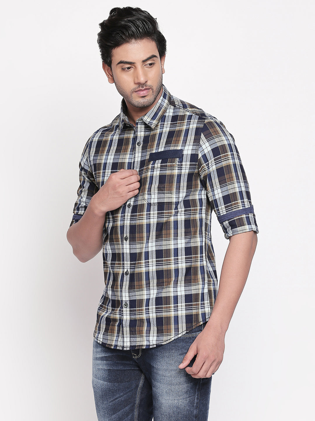 Spykar Men Olive Checked Slim Fit Casual Shirt