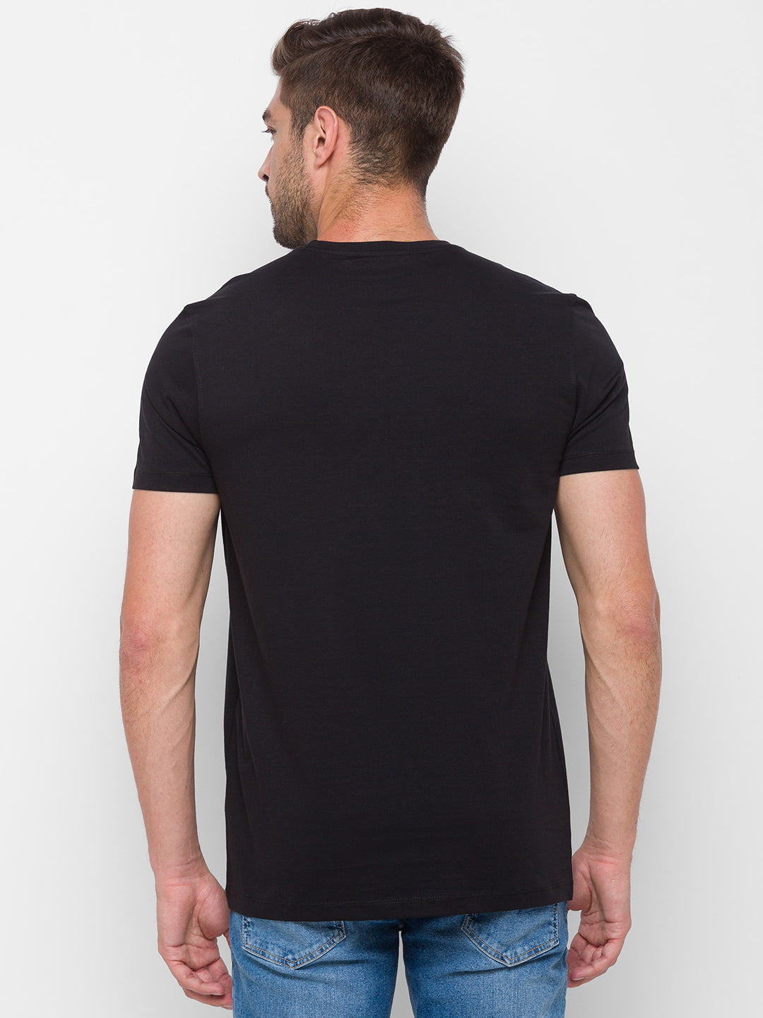 Spykar Men Black Cotton Slim Fit Round Neck T-Shirt