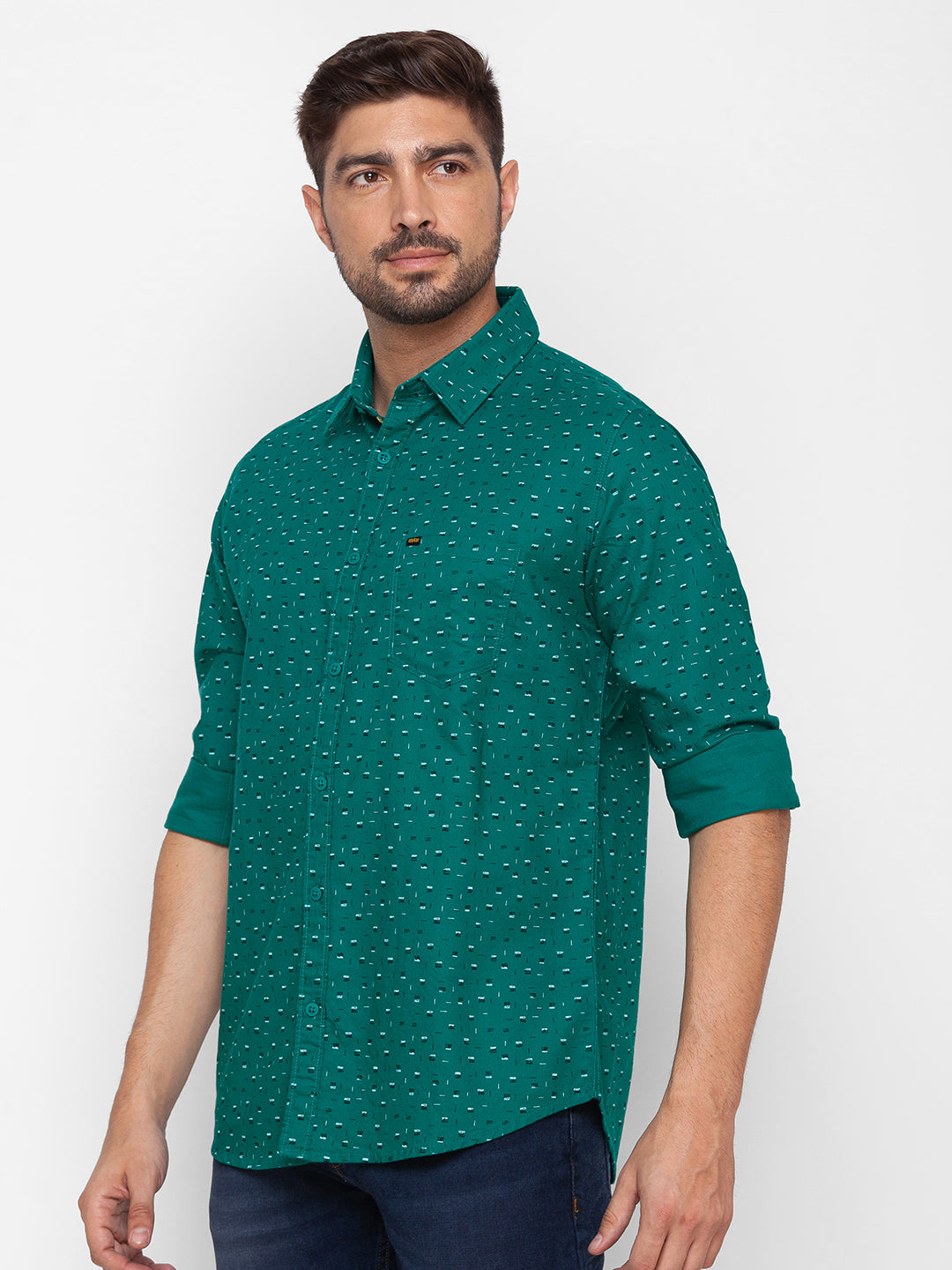 Spykar Sporty Green Cotton Full Sleeve Printed Shirt For Men