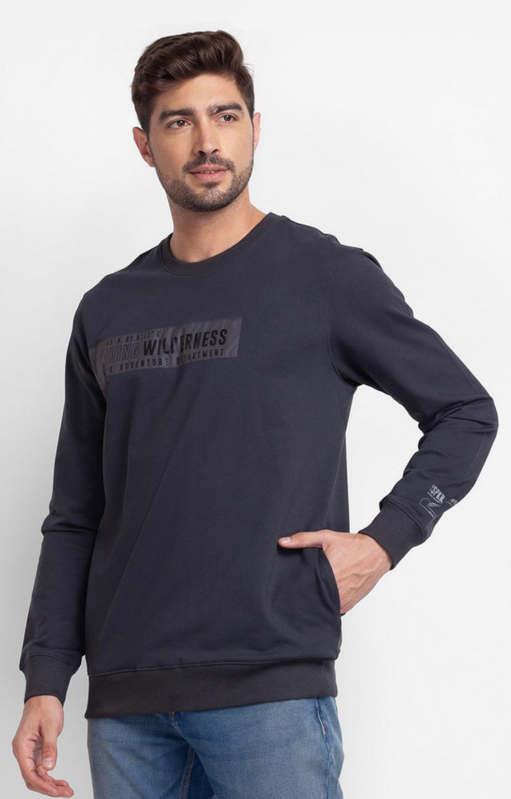 Spykar Slate Grey Cotton Full Sleeve Round Neck Sweatshirt For Men