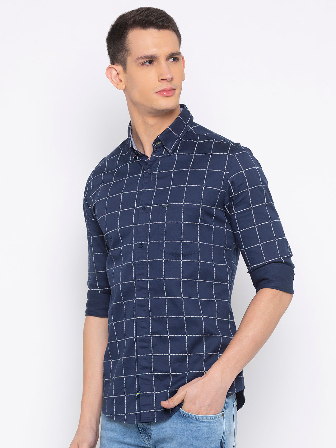 Spykar Slim Fit Men Navy Checked Casual Shirt