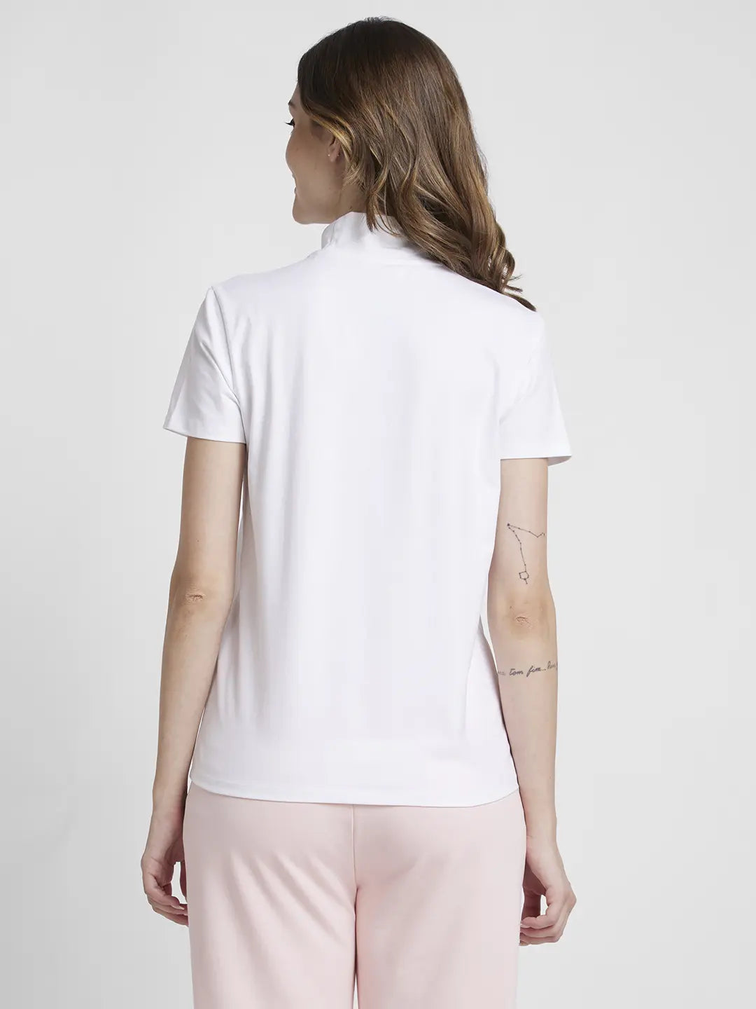 Spykar Women White Blended Regular Fit Half Sleeve High Neck Printed Tshirt
