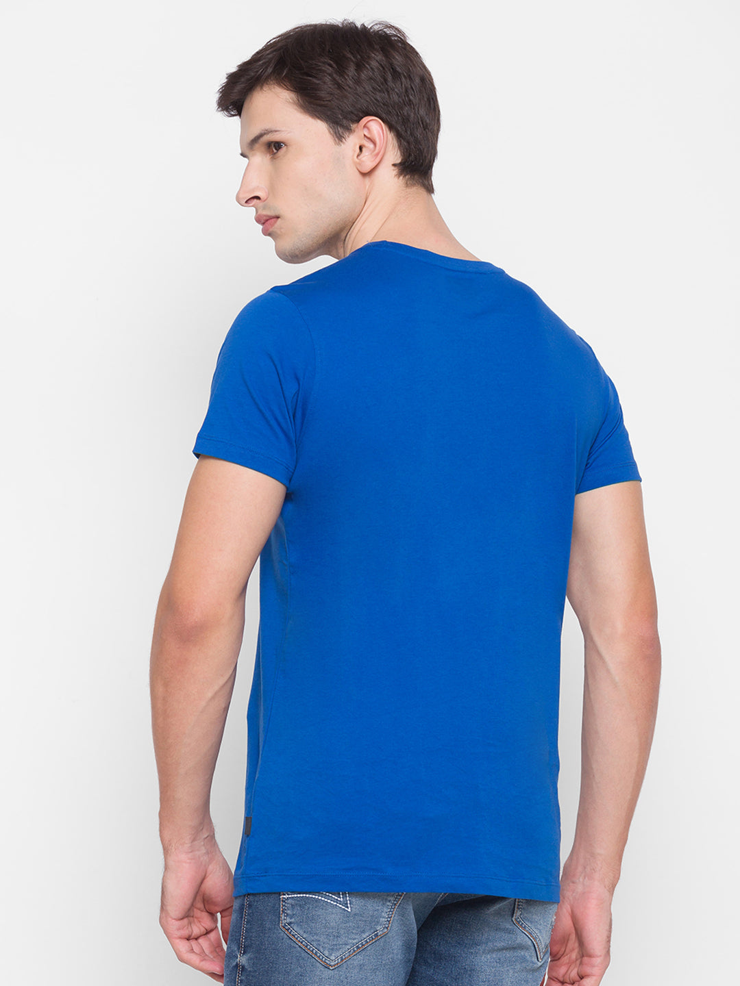 Spykar Men Blue Cotton Slim Fit Round Neck T-Shirt