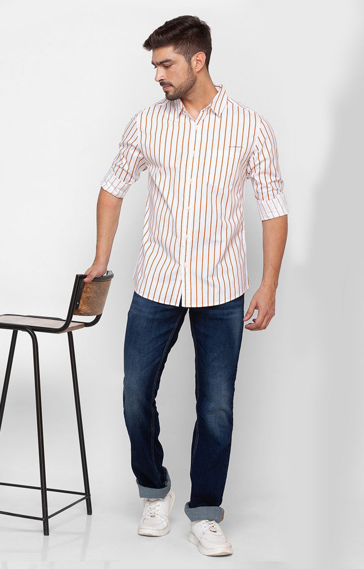 Spykar Flame Orange Cotton Full Sleeve Stripes Shirt For Men