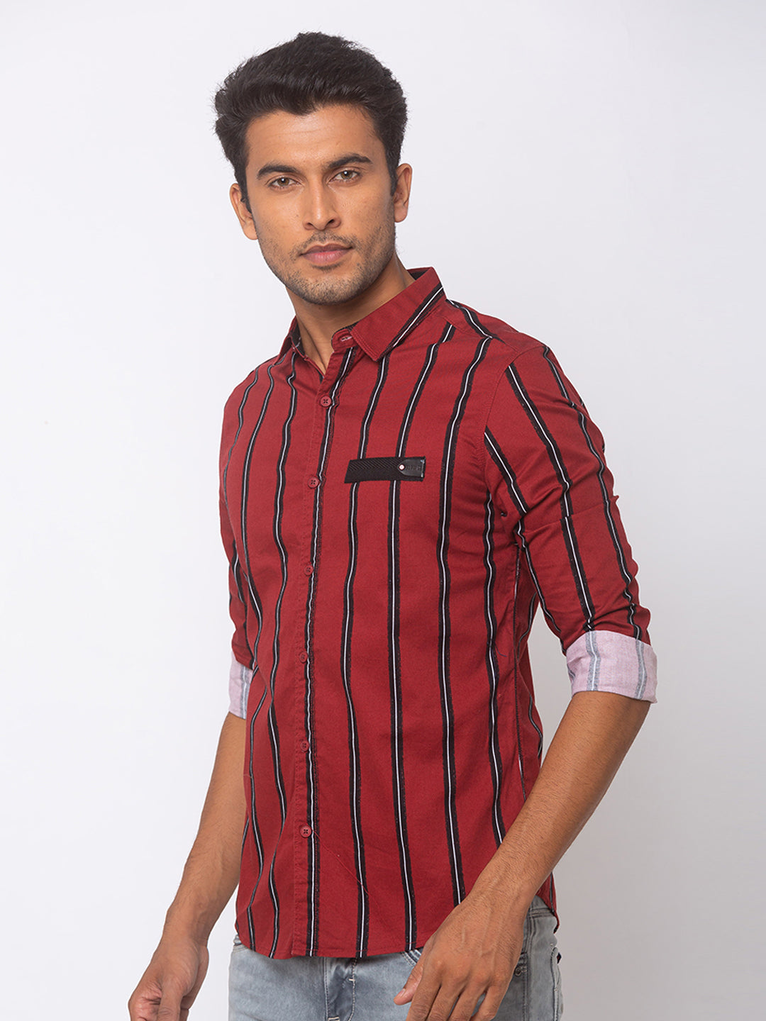 Spykar Men Red Cotton Slim Fit Shirt