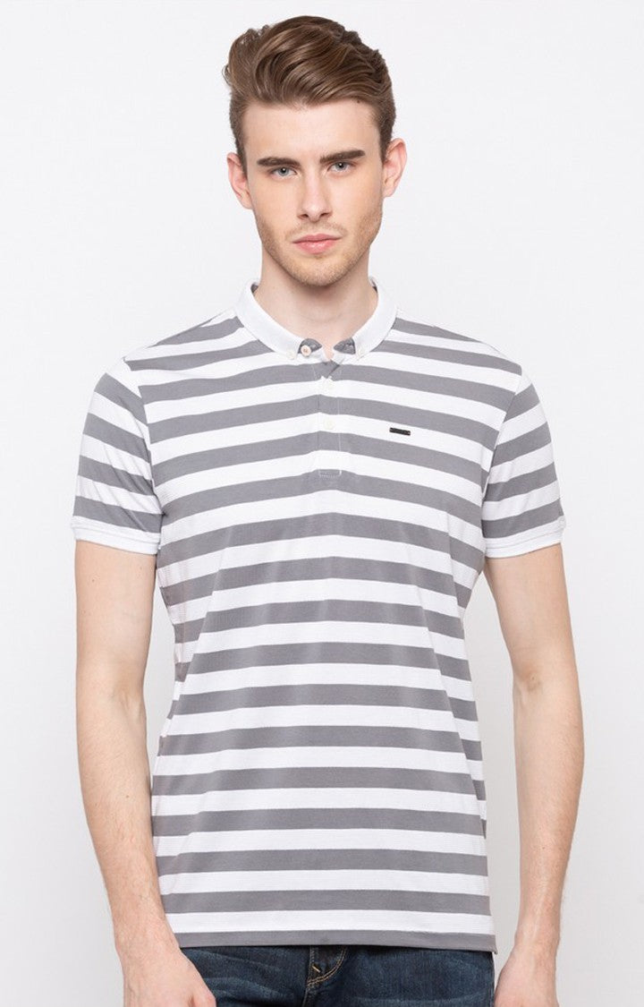 Spykar White and Grey Striped Slim Fit Polo T-Shirt