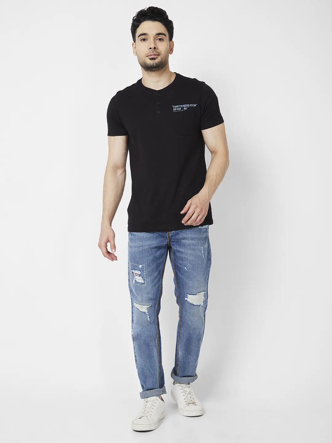 Spykar Men Mid Blue Cotton Regular Fit Narrow Length Mild Distressed Mid Rise Jeans (Rover)