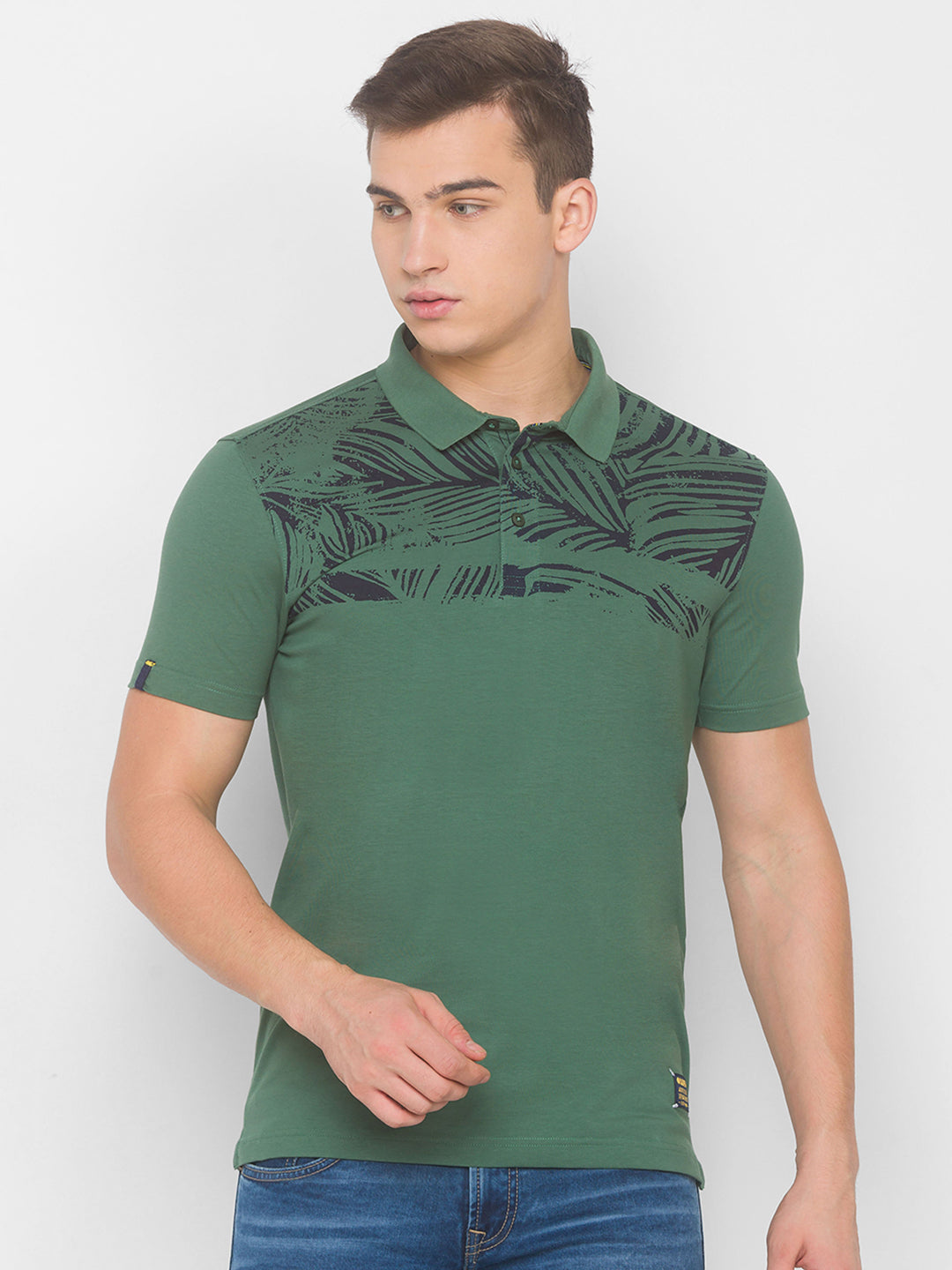 Spykar Men Green Cotton Blend Slim Fit Polo T-Shirt