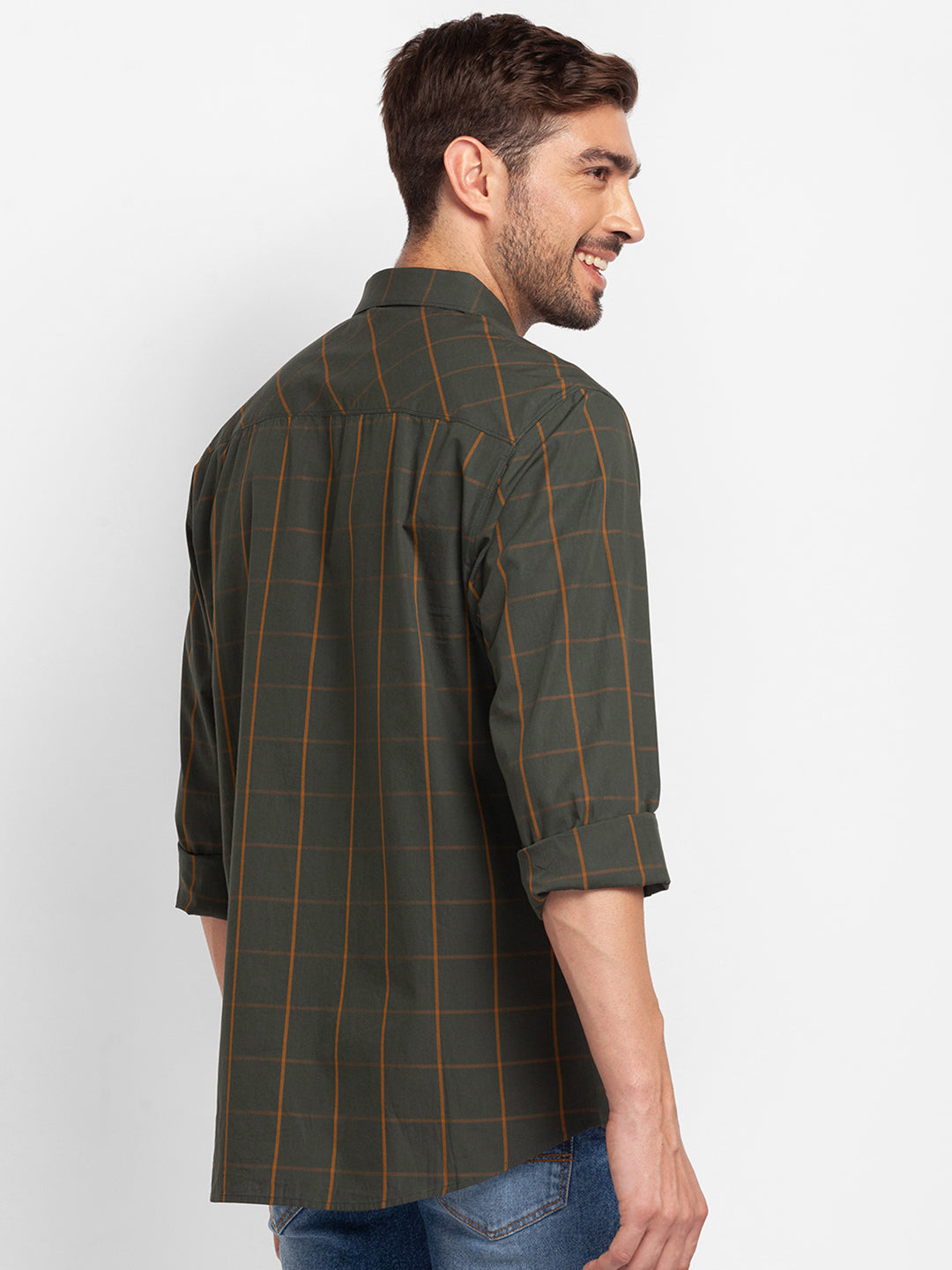 Spykar Bottle Green Cotton Full Sleeve Checks Shirt For Men