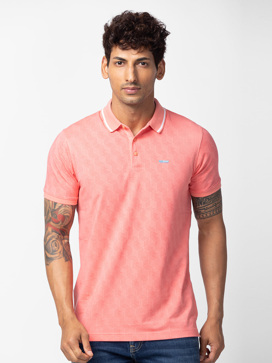 Spykar Men Peach Pink Cotton Regular Fit Half Sleeve Printed Polo T-Shirt